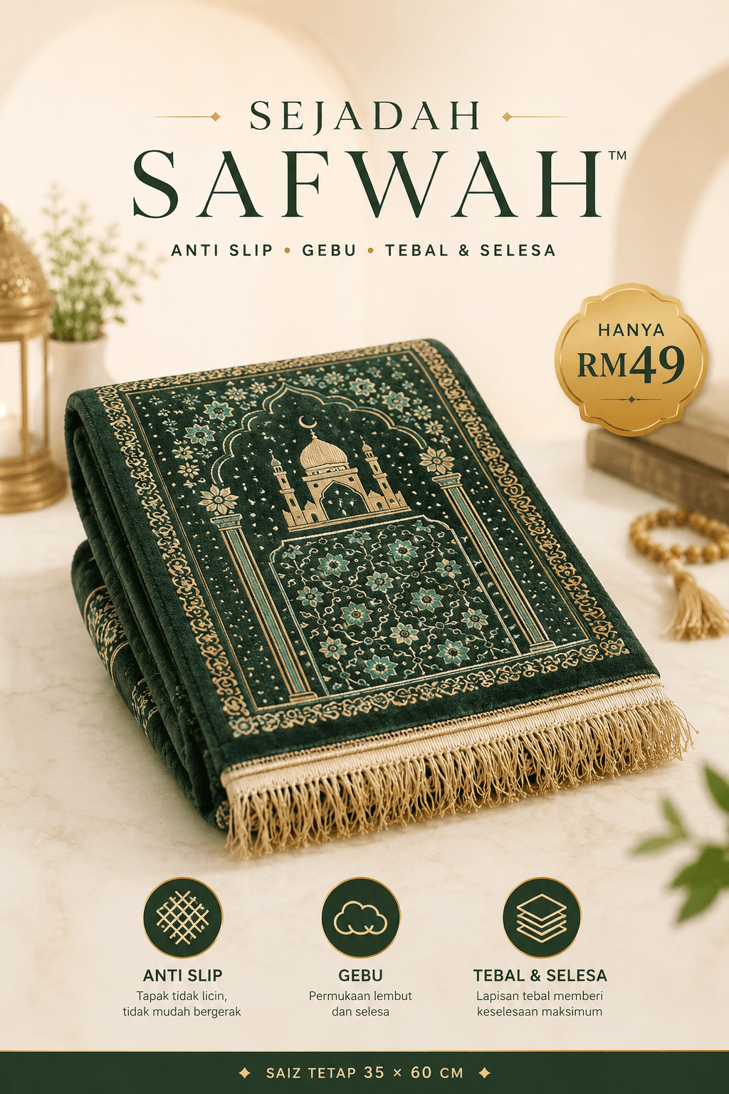 Sejadah Safwah anti-slip, gebu dan tebal selesa